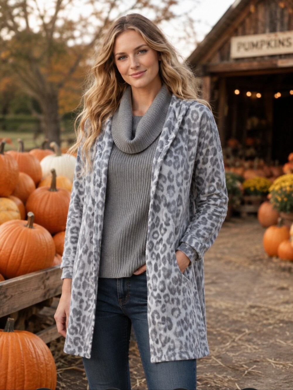 Kim Gravel Neutral Gray Animal Print Slub Knit Soft Hooded Long Cardigan M